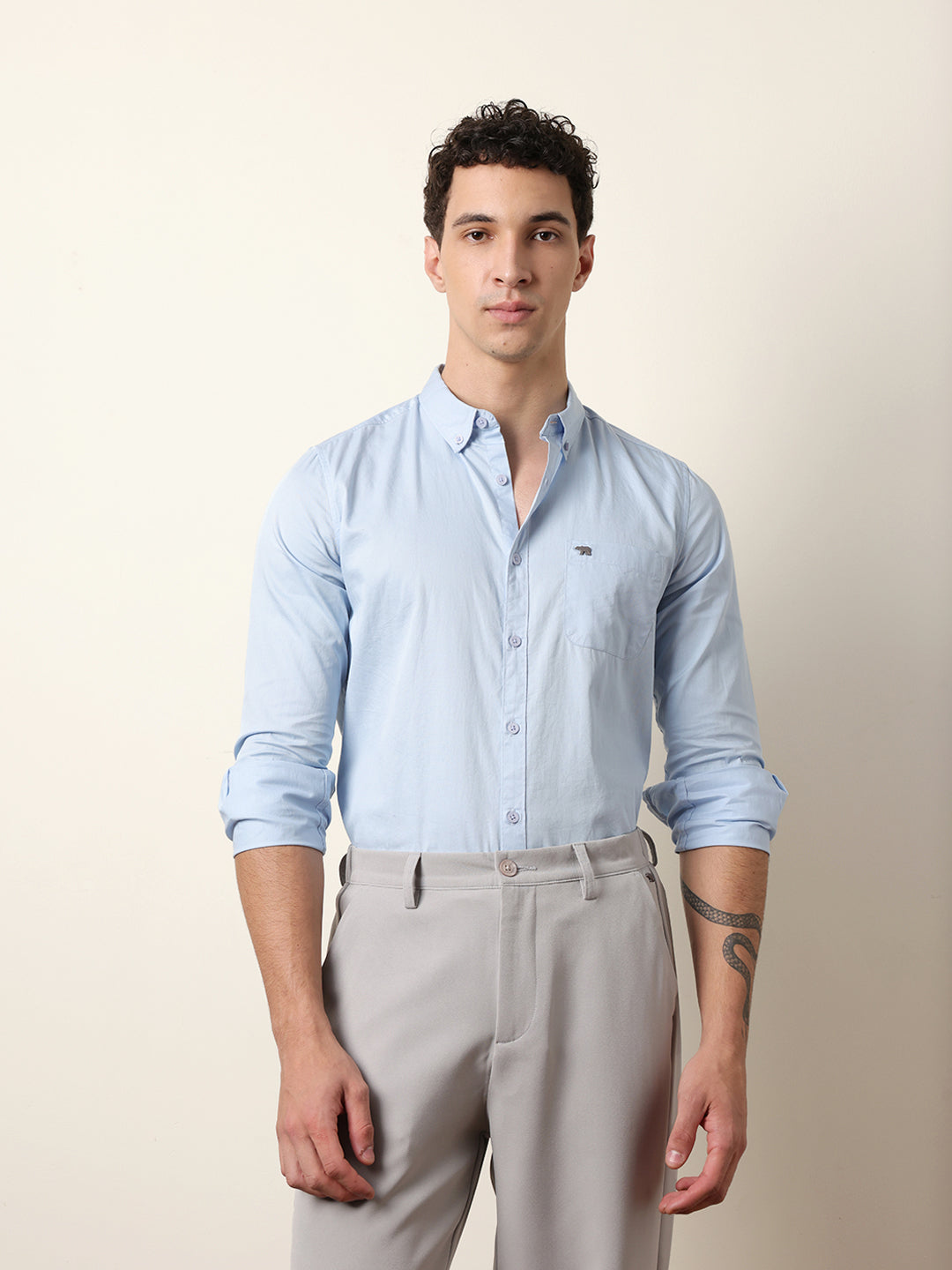 Light Blue Solid Cotton Slim Fit Casual Shirt