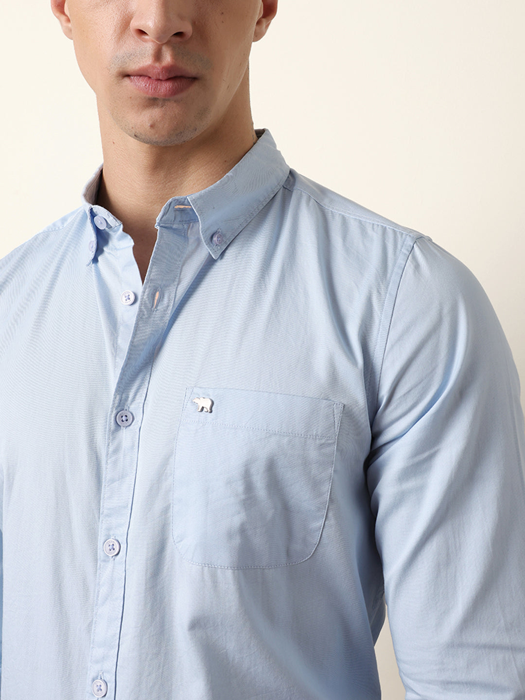 Light Blue Solid Cotton Slim Fit Casual Shirt