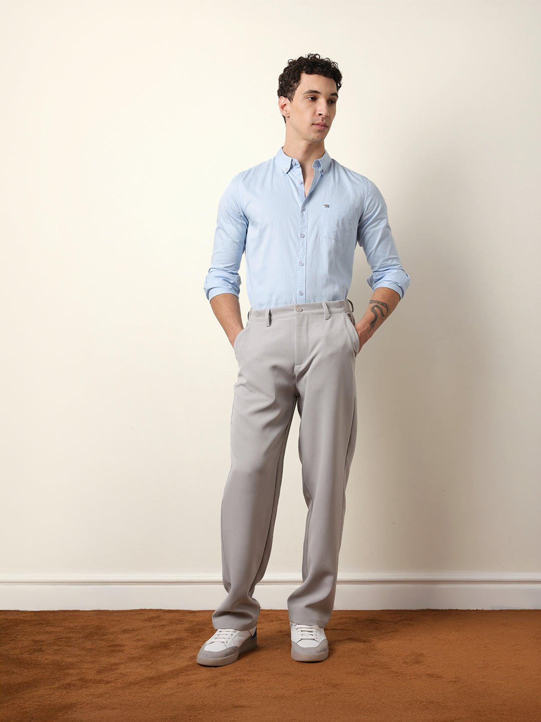 Light Blue Solid Cotton Slim Fit Casual Shirt