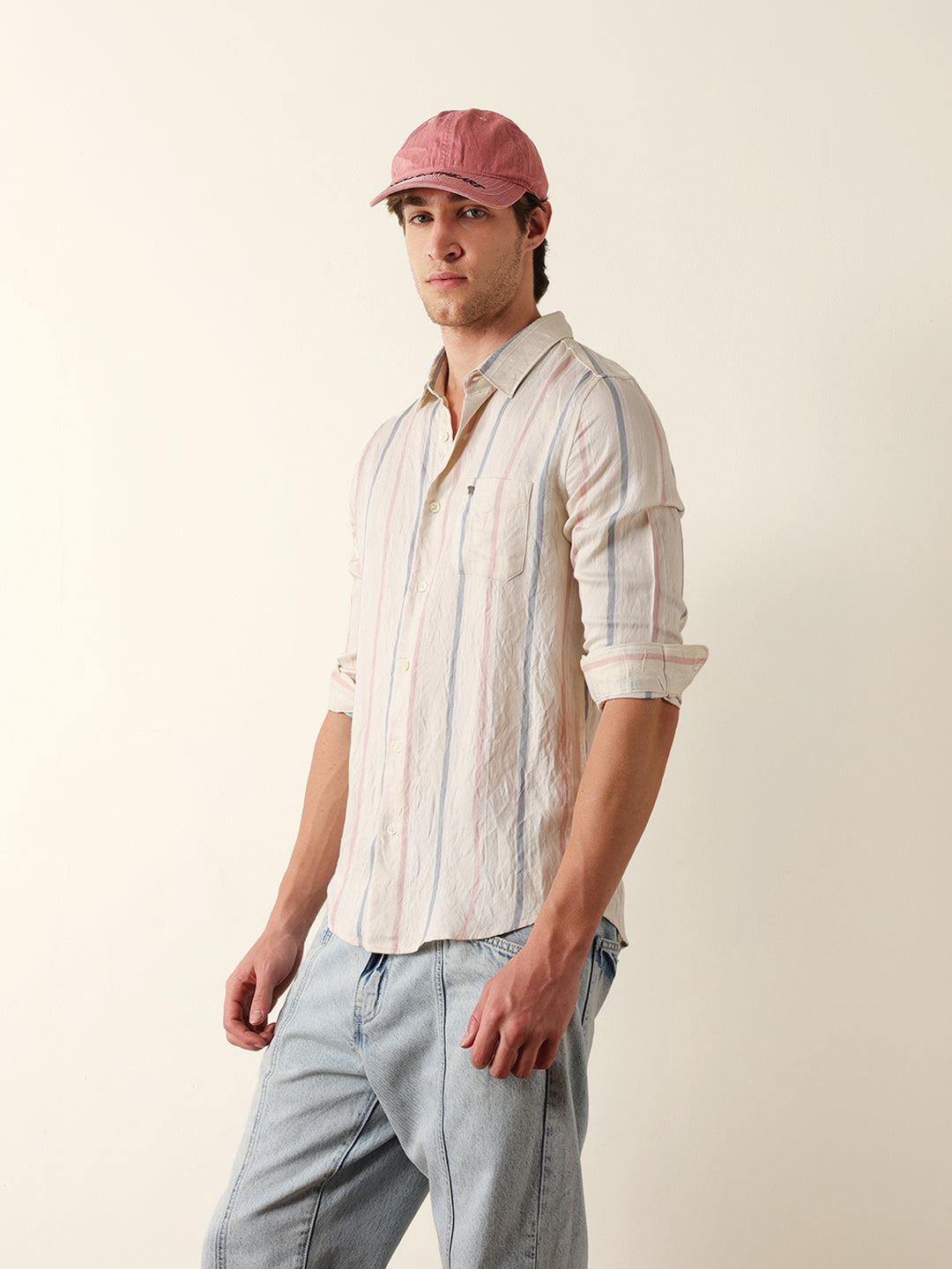 Cream Vertical Woven Stripe Slim Fit Casual Shirt