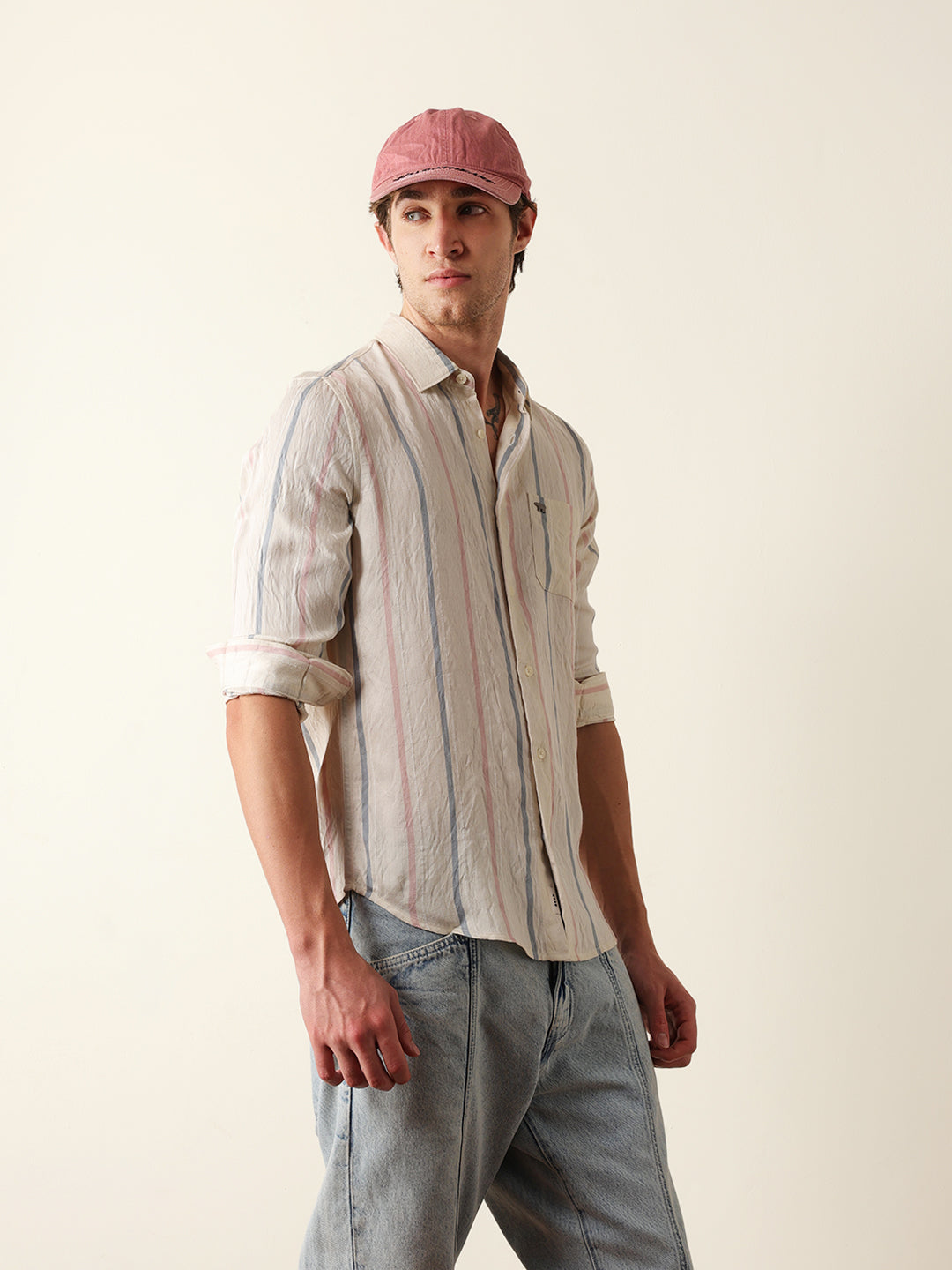 Cream Vertical Woven Stripe Slim Fit Casual Shirt