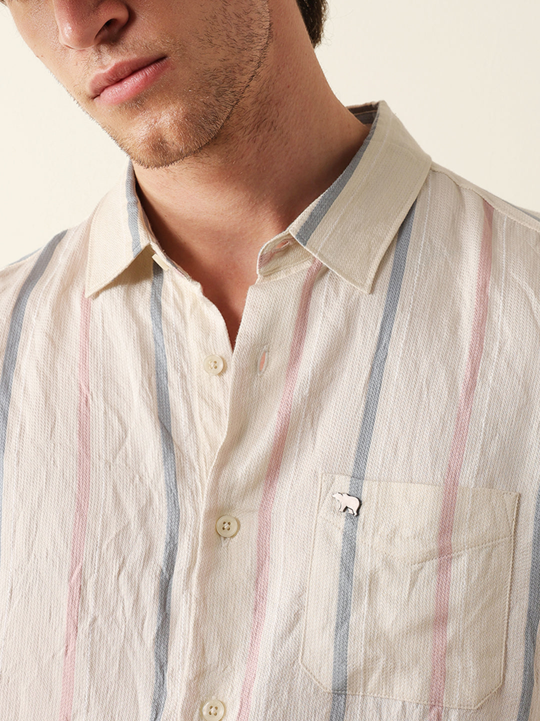 Cream Vertical Woven Stripe Slim Fit Casual Shirt