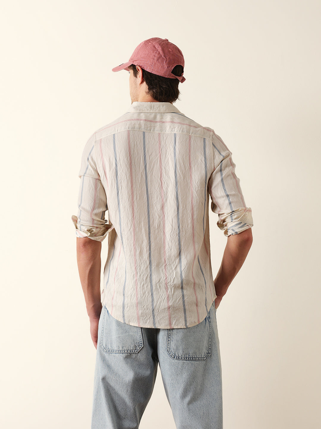Cream Vertical Woven Stripe Slim Fit Casual Shirt