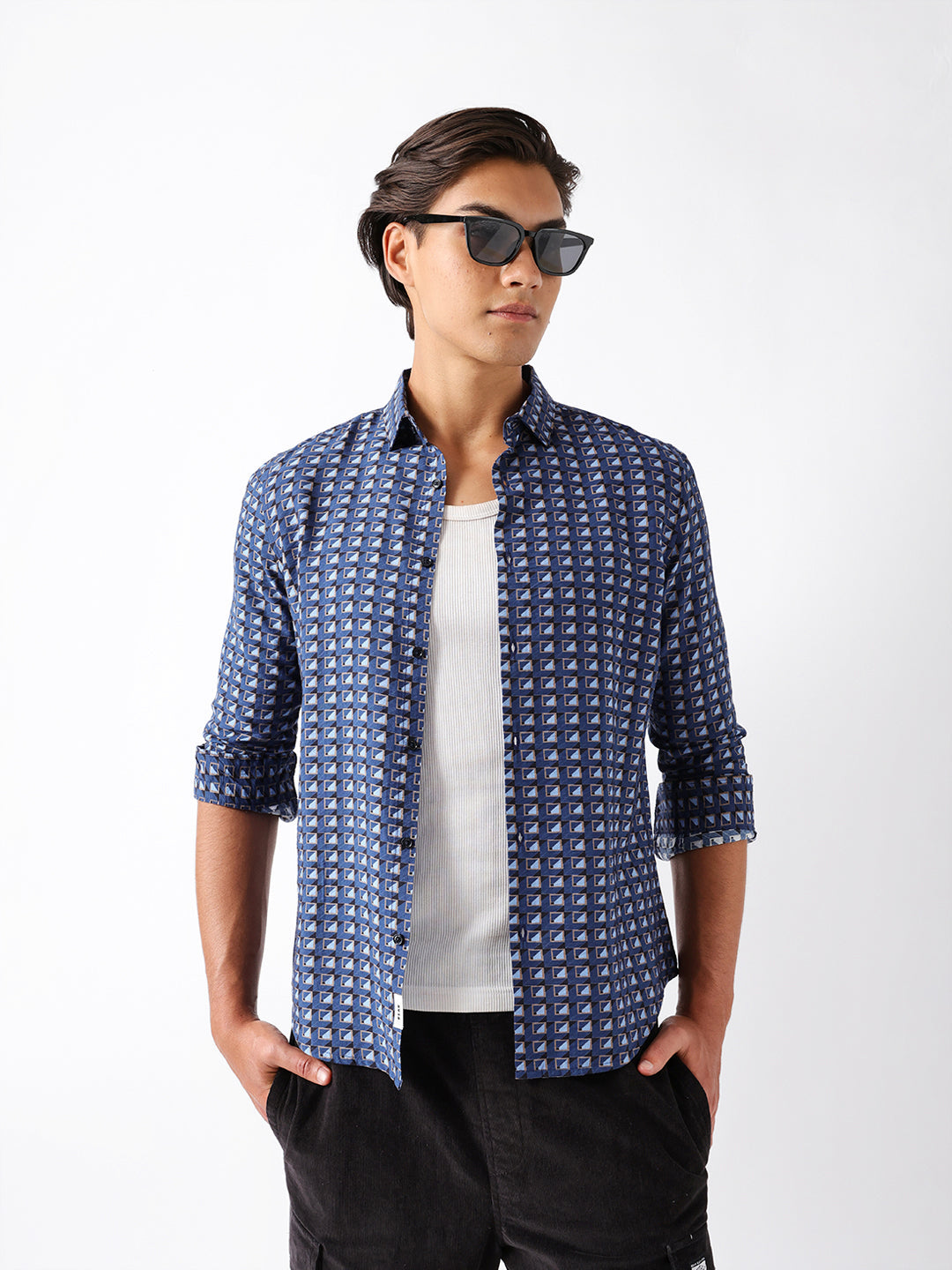 Blue Regular Fit Geometric Print Casual Shirt