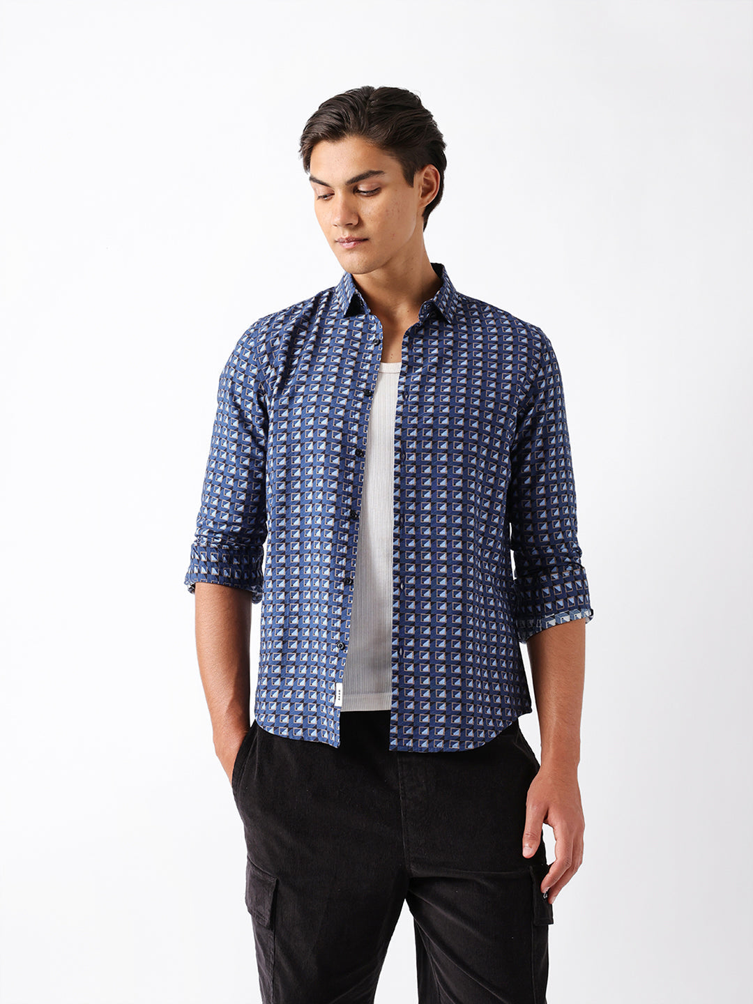 Blue Regular Fit Geometric Print Casual Shirt