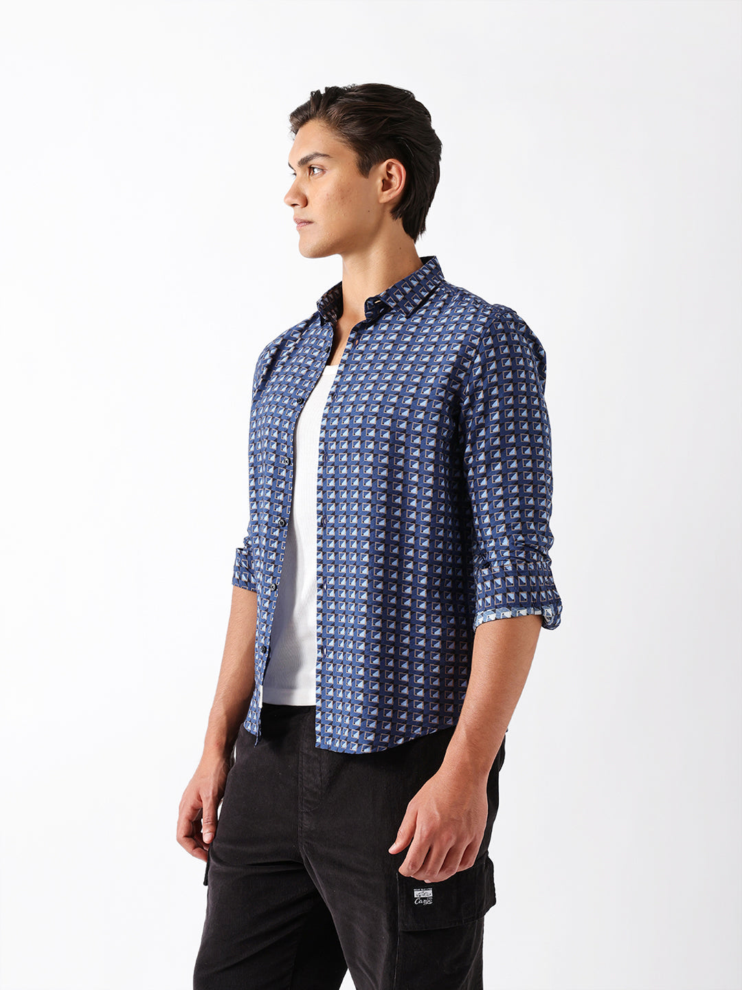Blue Regular Fit Geometric Print Casual Shirt