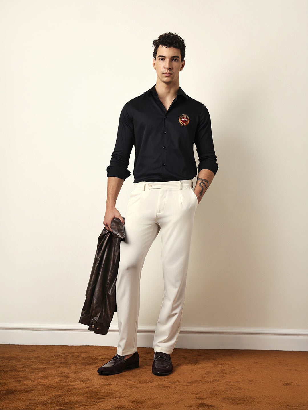 Black Tailored Fit Regal Bee Crest Embroidery Formal Party Shirt