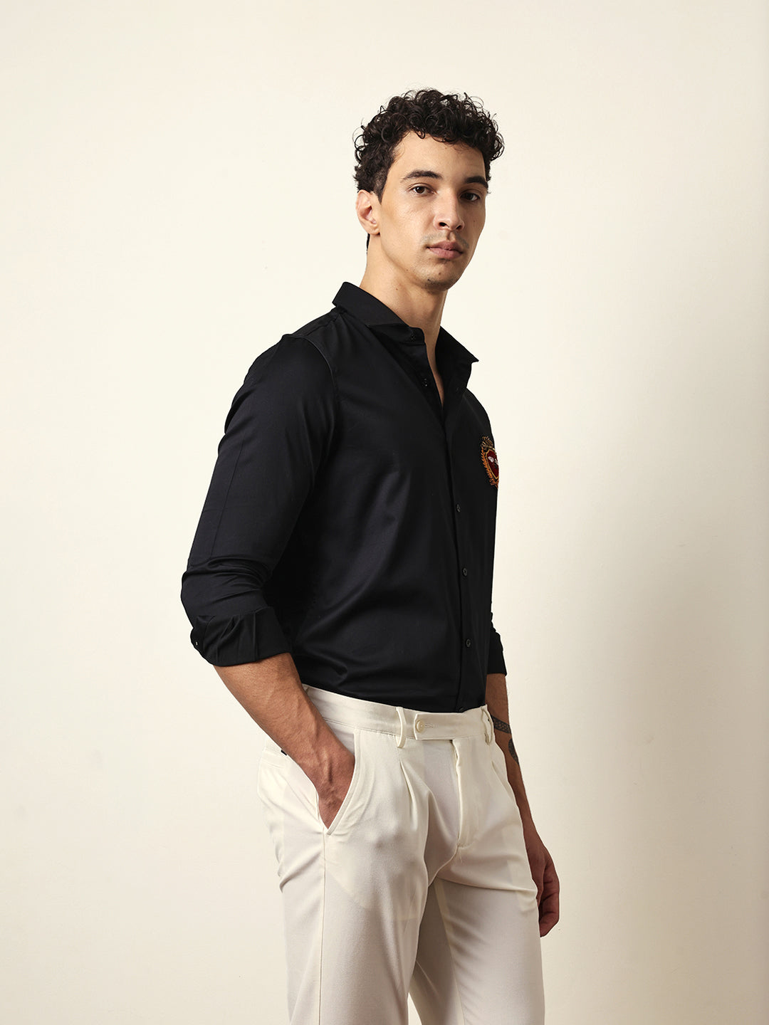 Black Tailored Fit Regal Bee Crest Embroidery Formal Party Shirt