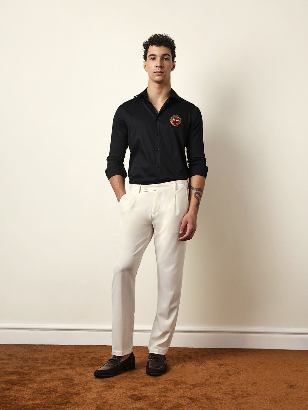 Black Tailored Fit Regal Bee Crest Embroidery Formal Party Shirt