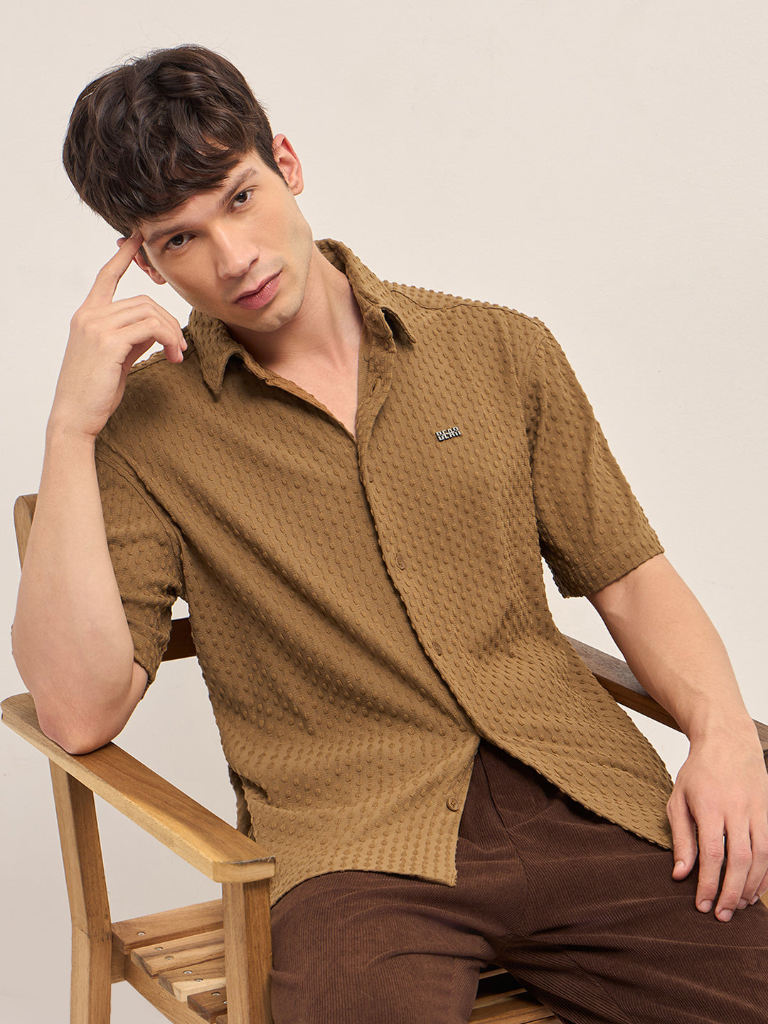 Mustard Textured Woven Oversized Fit Half Sleeve Casual Shirt