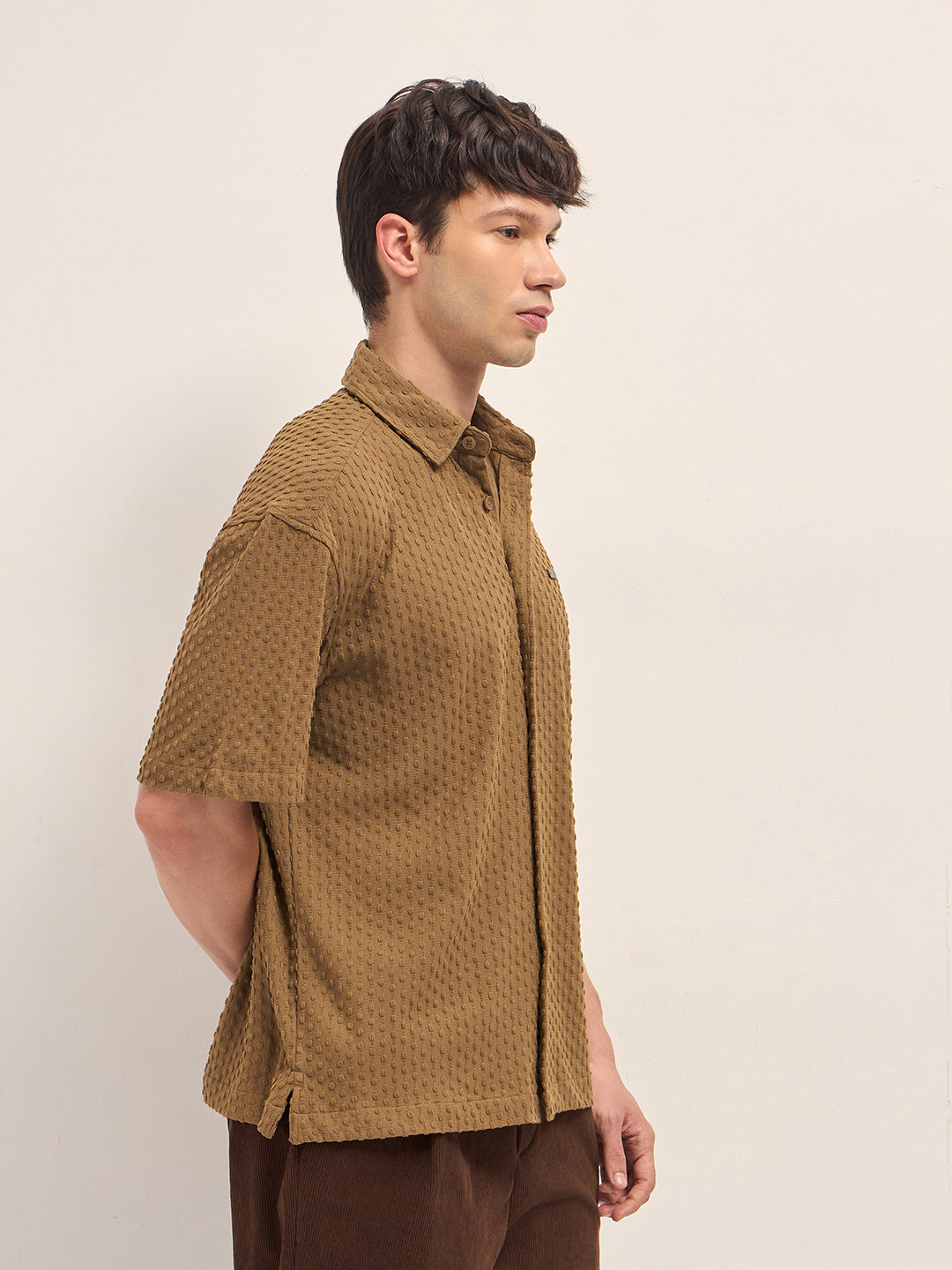 Mustard Textured Woven Oversized Fit Half Sleeve Casual Shirt
