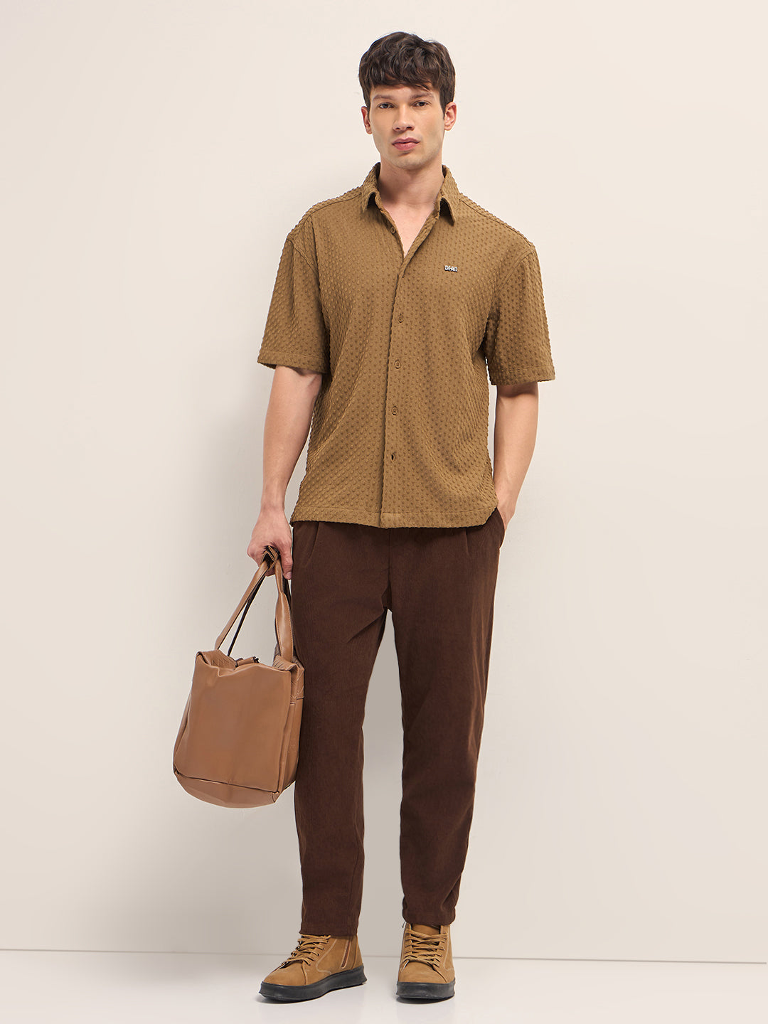 Mustard Textured Woven Oversized Fit Half Sleeve Casual Shirt