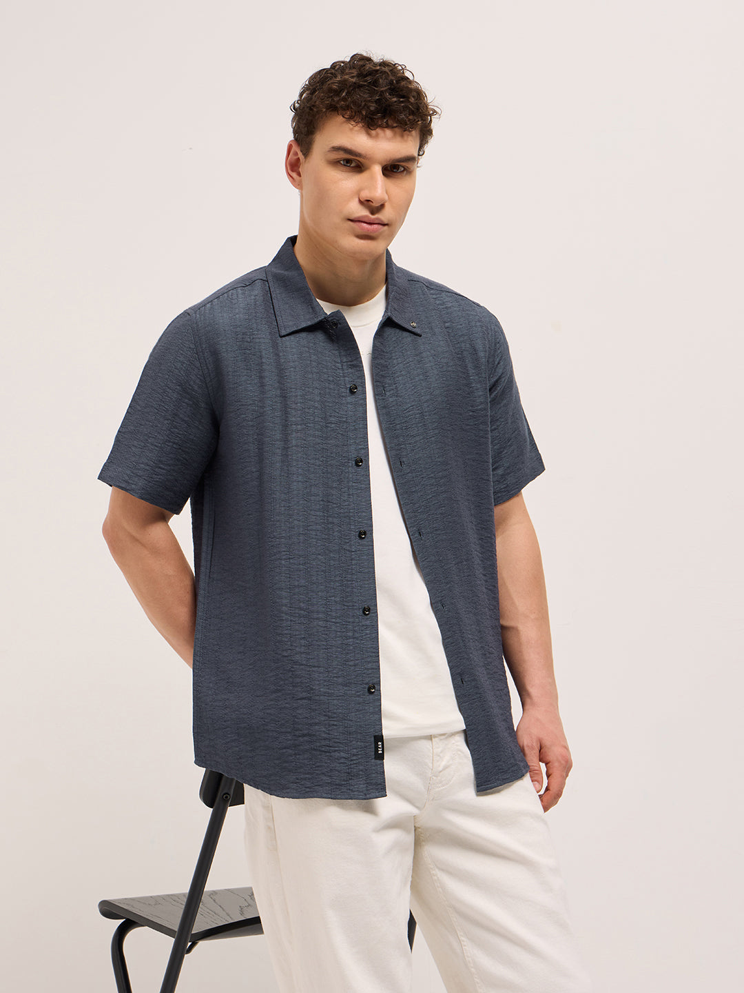 Blue Crinkled Textured Regular Fit Half-Sleeve Casual Shirt