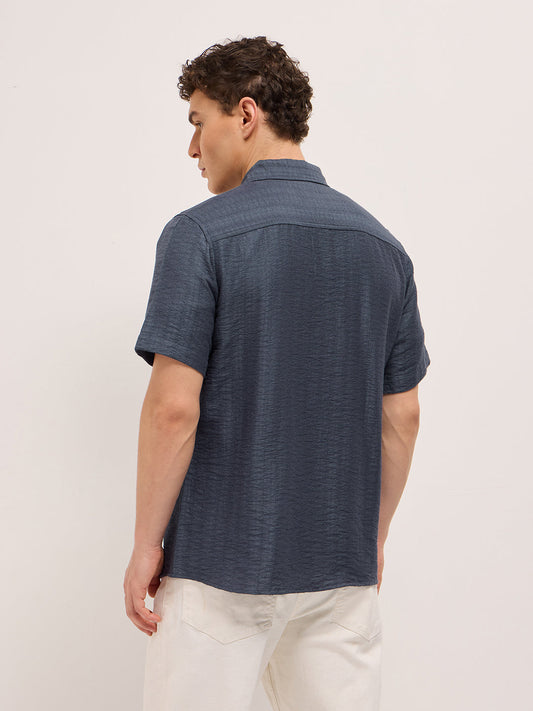 Blue Crinkled Textured Regular Fit Half-Sleeve Casual Shirt