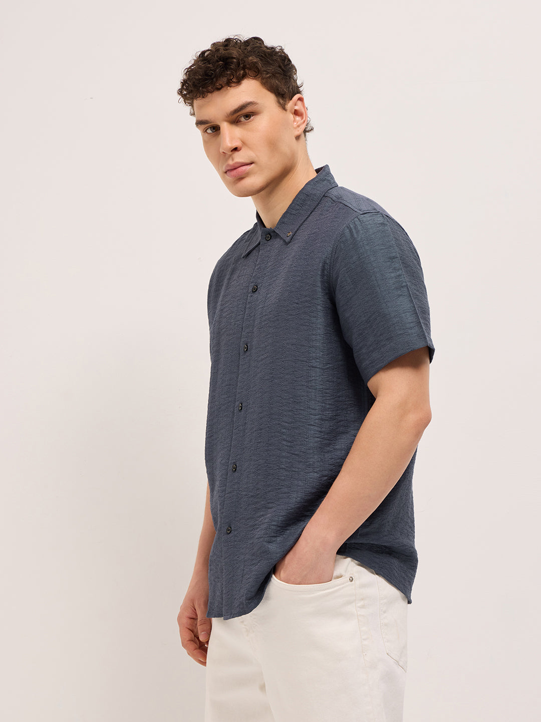 Blue Crinkled Textured Regular Fit Half-Sleeve Casual Shirt