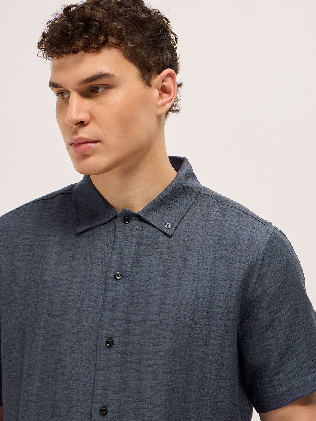 Blue Crinkled Textured Regular Fit Half-Sleeve Casual Shirt