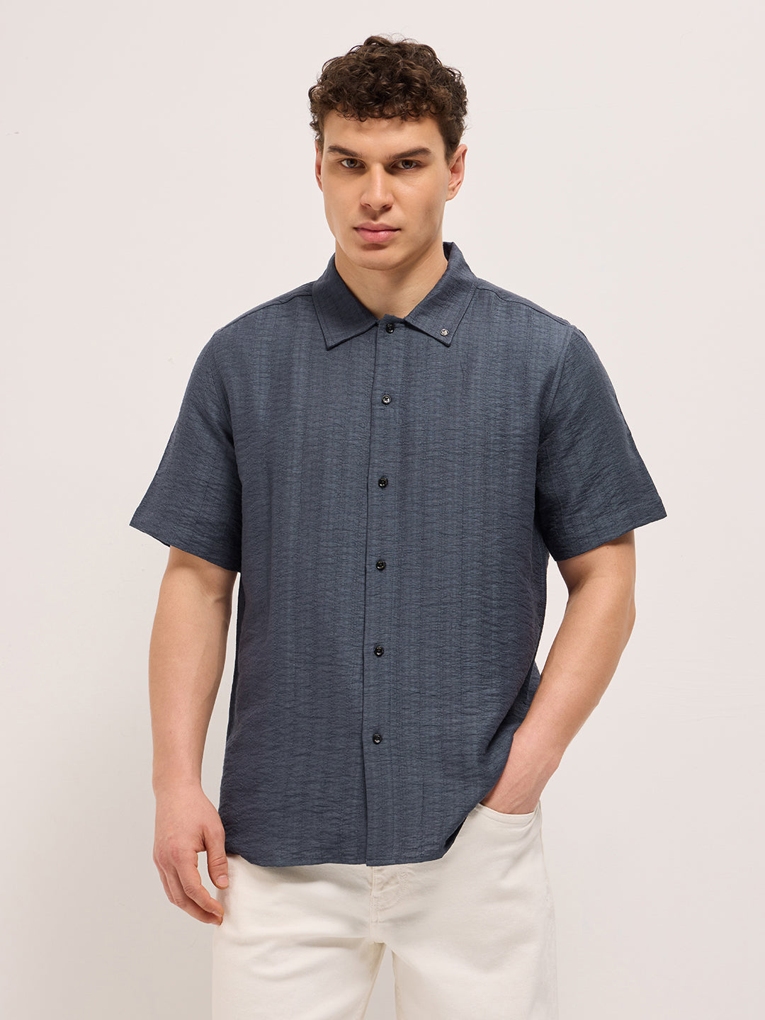Blue Crinkled Textured Regular Fit Half-Sleeve Casual Shirt