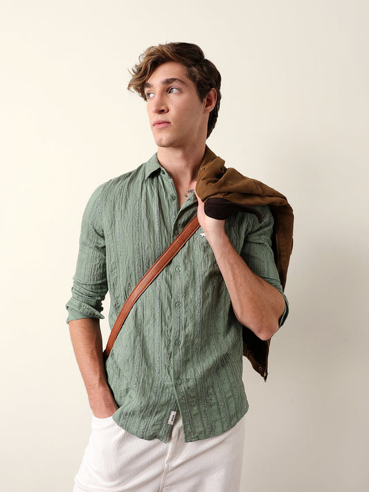 Green Vertical Seersucker Pinstripe Slim Fit Casual Shirt