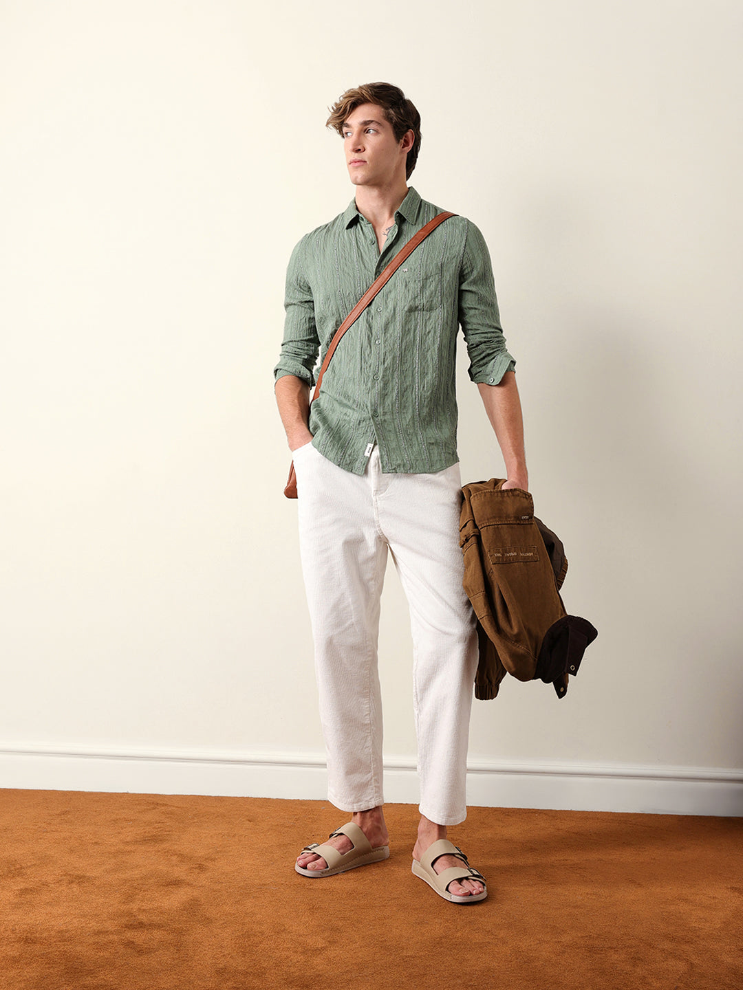 Green Vertical Seersucker Pinstripe Slim Fit Casual Shirt