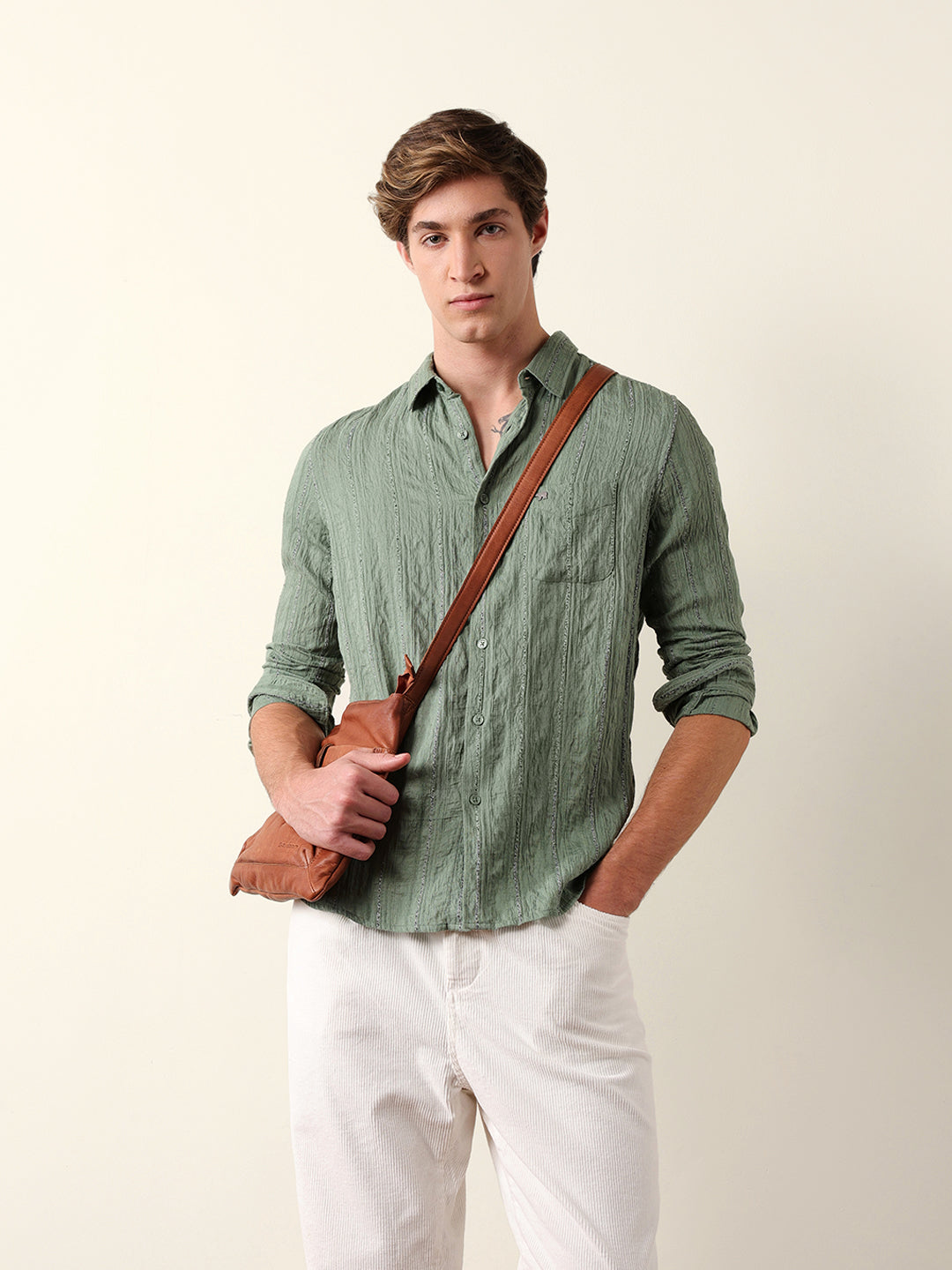 Green Vertical Seersucker Pinstripe Slim Fit Casual Shirt
