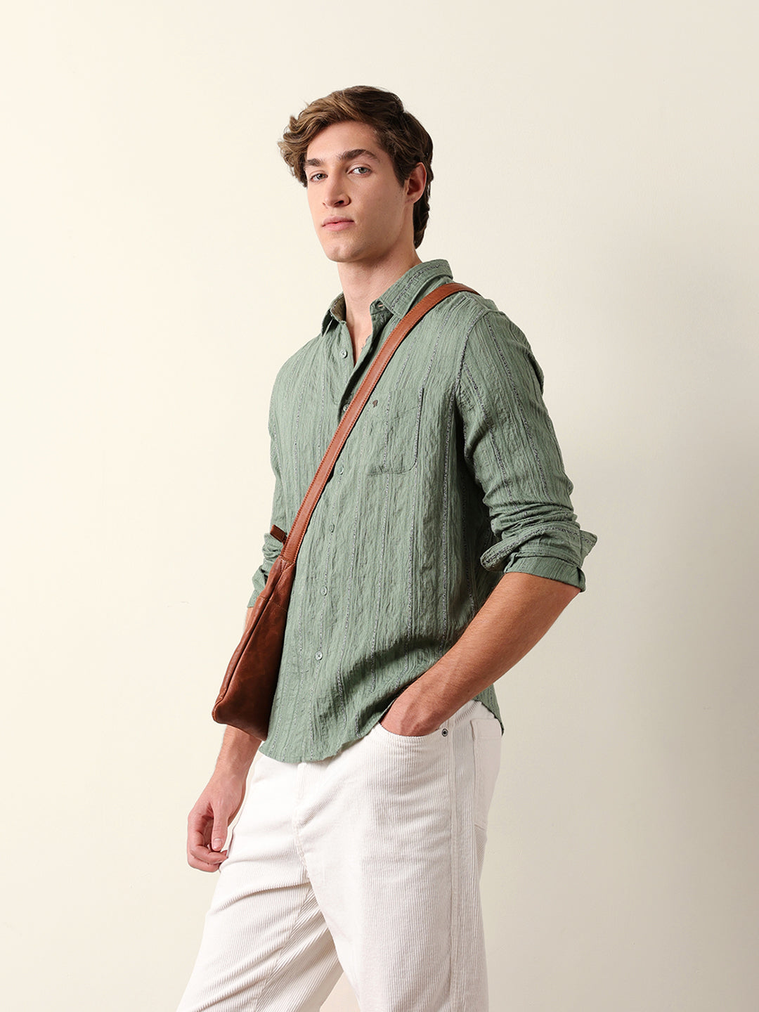 Green Vertical Seersucker Pinstripe Slim Fit Casual Shirt