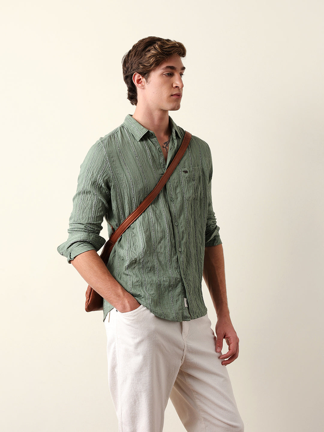 Green Vertical Seersucker Pinstripe Slim Fit Casual Shirt