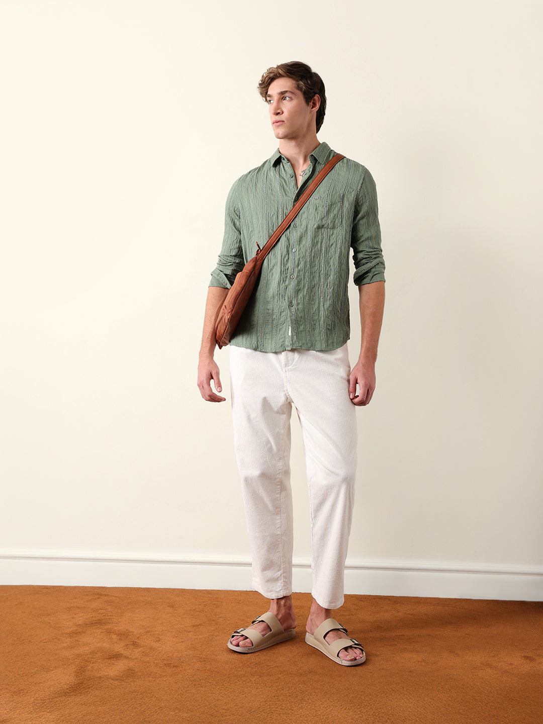 Green Vertical Seersucker Pinstripe Slim Fit Casual Shirt