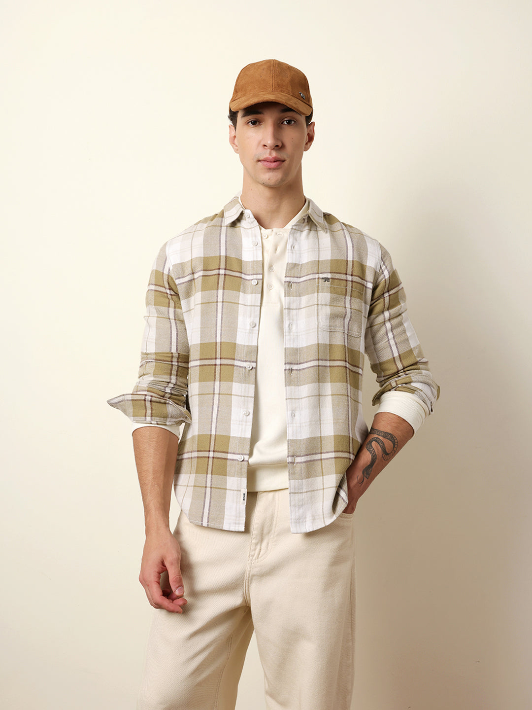 Olive & White Flannel Check Slim Fit Casual Shirt