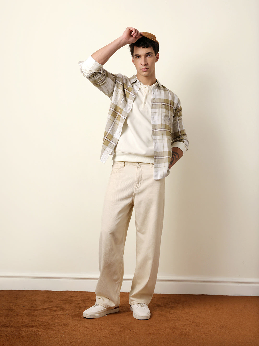 Olive & White Flannel Check Slim Fit Casual Shirt