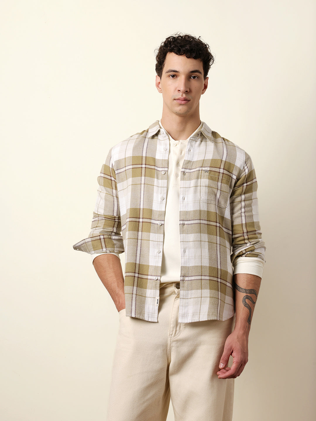 Olive & White Flannel Check Slim Fit Casual Shirt