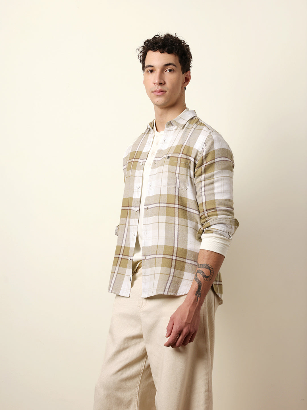 Olive & White Flannel Check Slim Fit Casual Shirt
