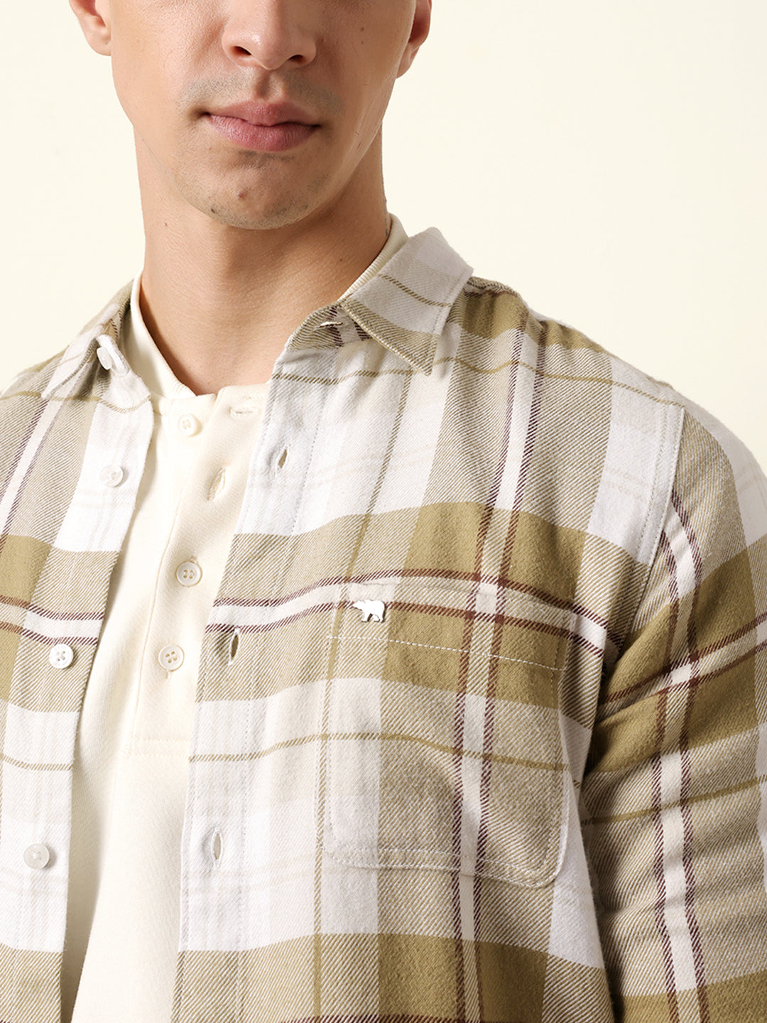 Olive & White Flannel Check Slim Fit Casual Shirt