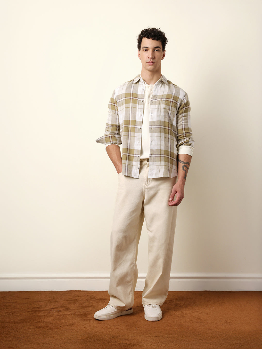 Olive & White Flannel Check Slim Fit Casual Shirt