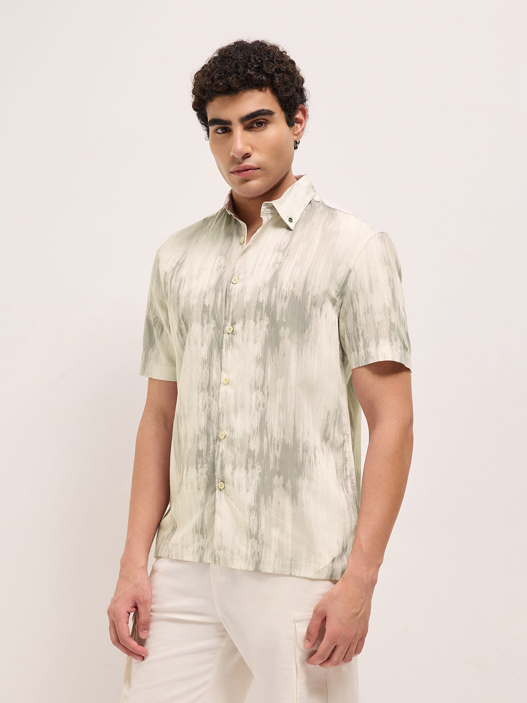Grey & Cream Relaxed Fit Casual Shirt with Vertical Brushstroke Print