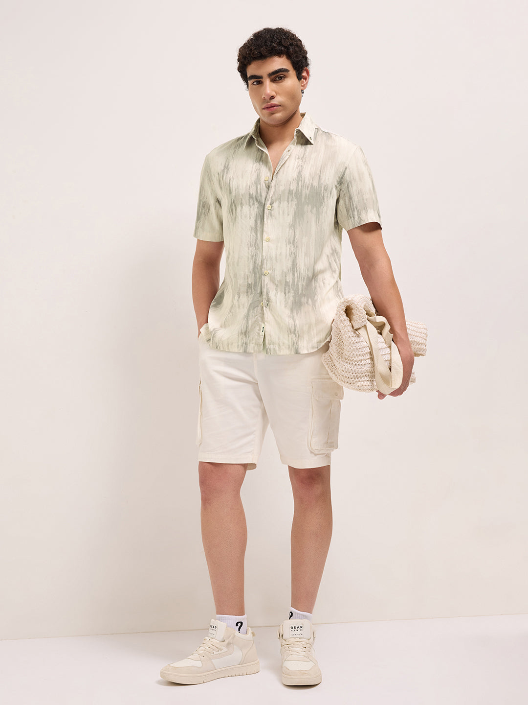 Grey & Cream Relaxed Fit Casual Shirt with Vertical Brushstroke Print