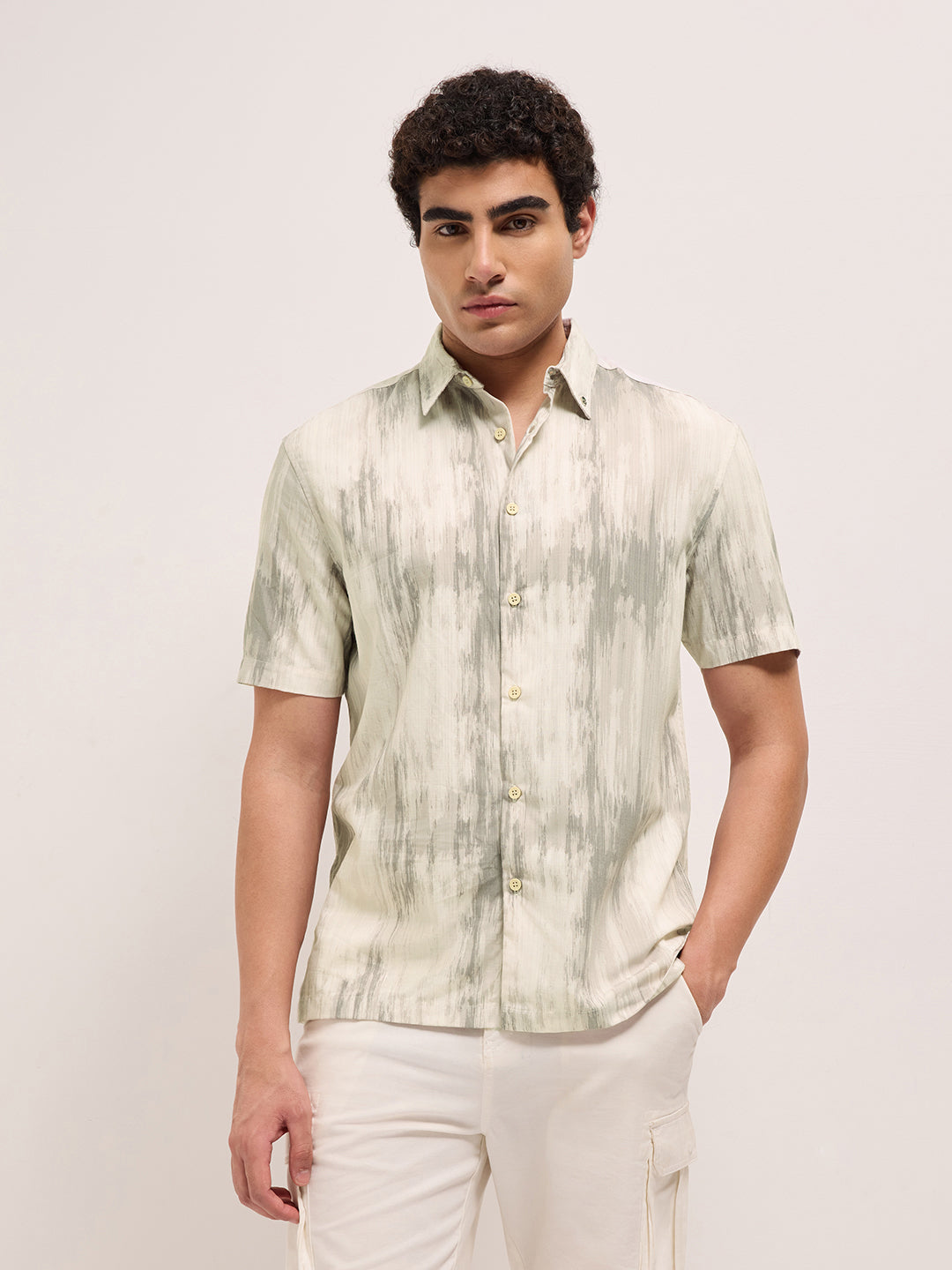Grey & Cream Relaxed Fit Casual Shirt with Vertical Brushstroke Print