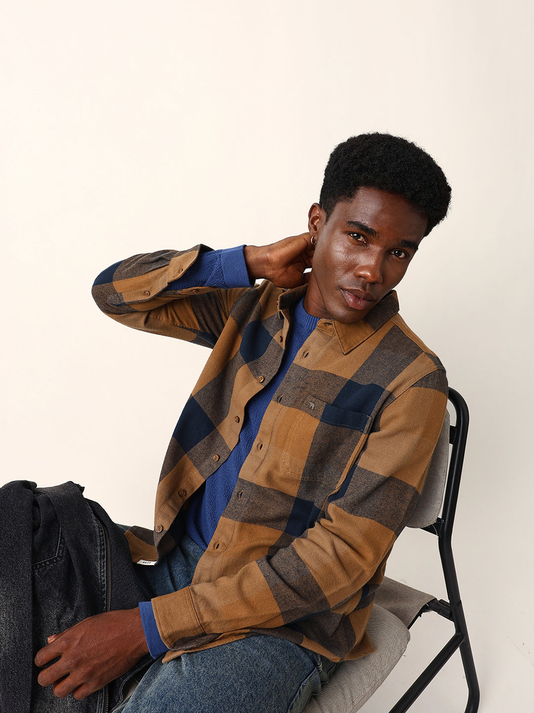 Mustard with Navy Blue Flannel Checked Regular Fit Overshirt