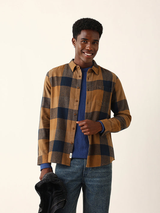 Mustard with Navy Blue Flannel Checked Regular Fit Overshirt
