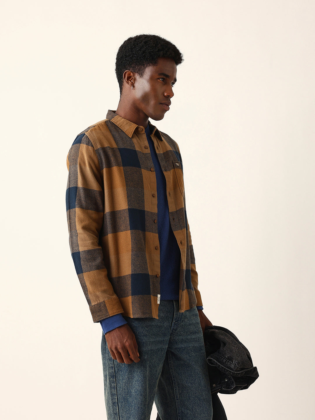 Mustard with Navy Blue Flannel Checked Regular Fit Overshirt