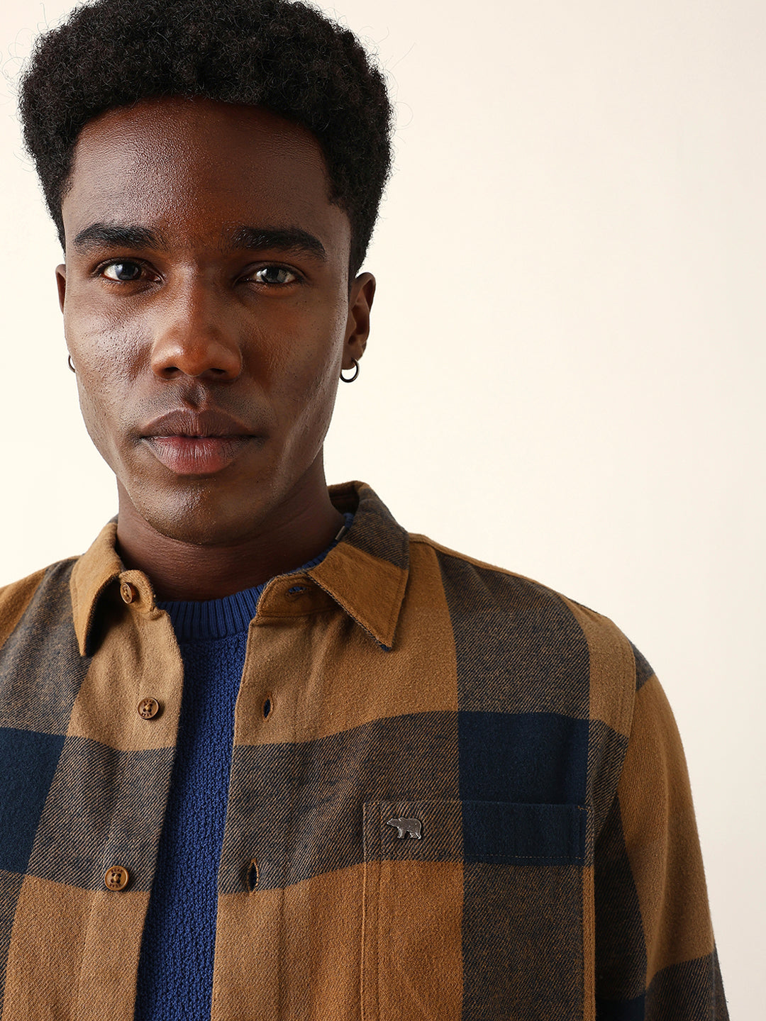 Mustard with Navy Blue Flannel Checked Regular Fit Overshirt
