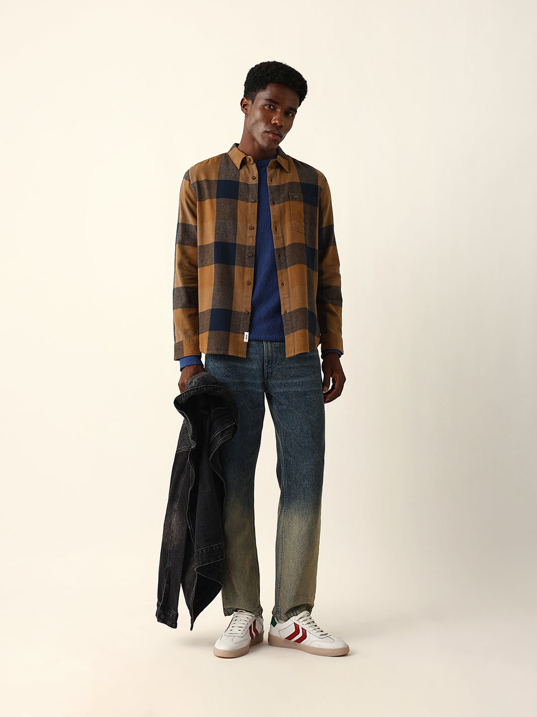 Mustard with Navy Blue Flannel Checked Regular Fit Overshirt