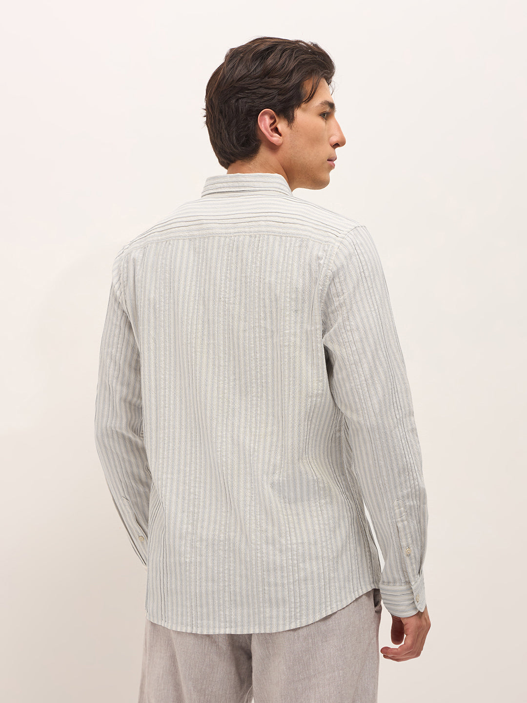 Grey Slim Fit Casual Shirt with Woven Vertical Textured Stripes