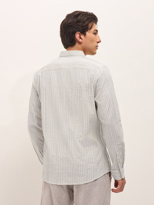 Grey Slim Fit Casual Shirt with Woven Vertical Textured Stripes
