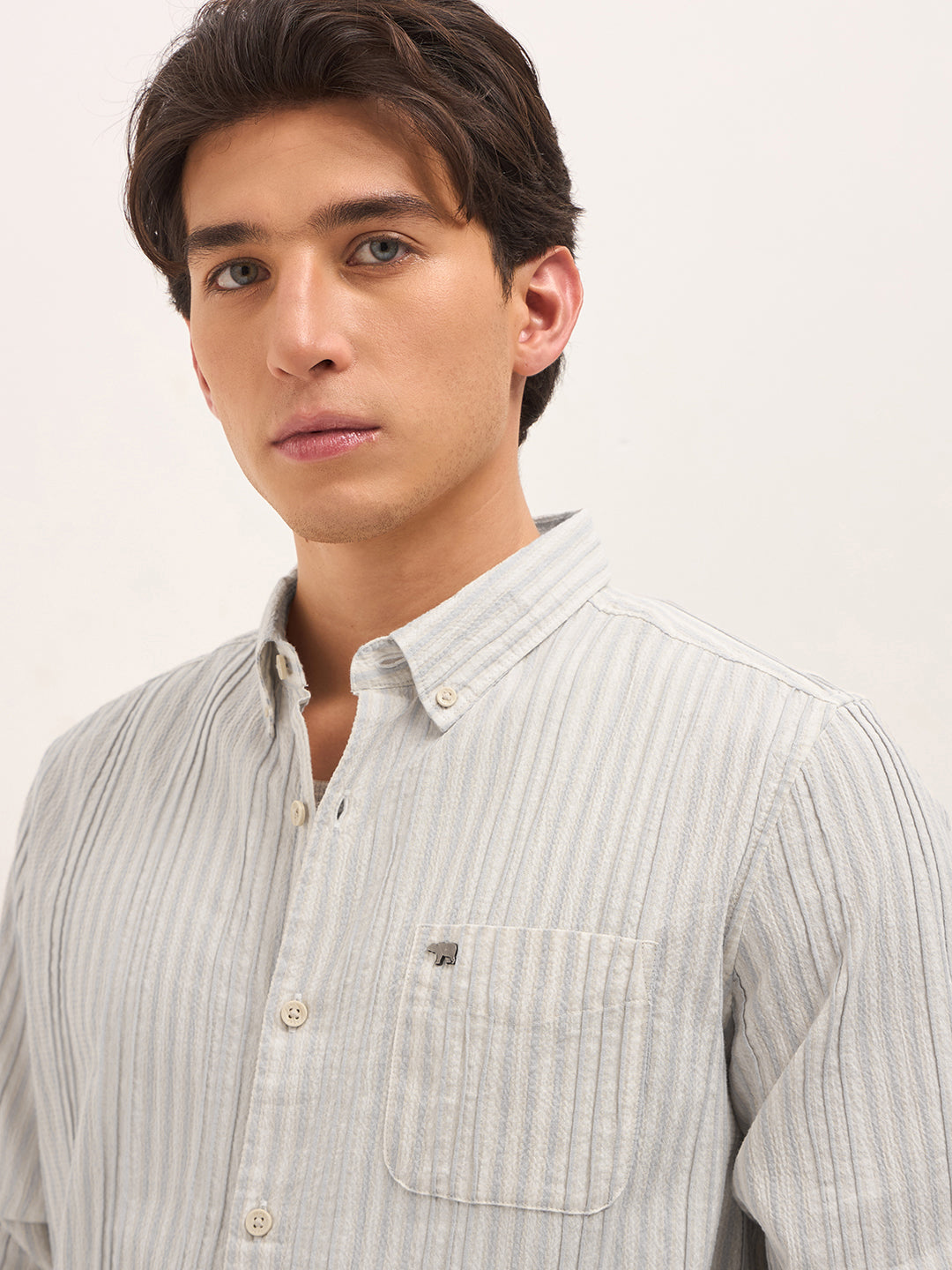 Grey Slim Fit Casual Shirt with Woven Vertical Textured Stripes