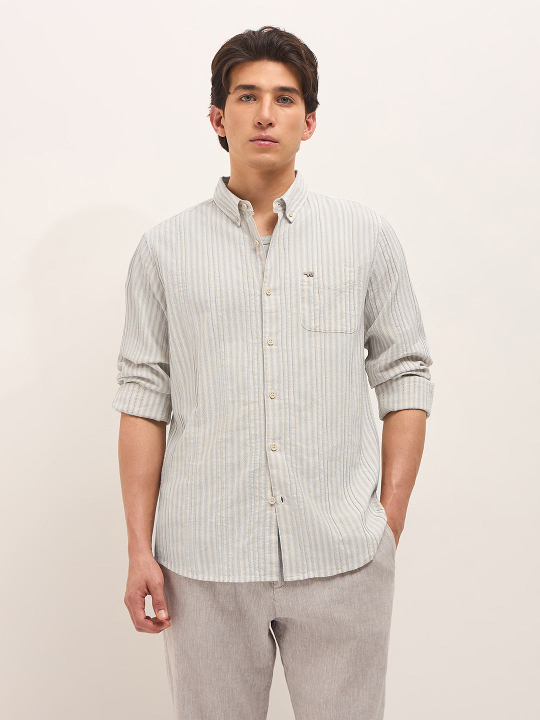 Grey Slim Fit Casual Shirt with Woven Vertical Textured Stripes