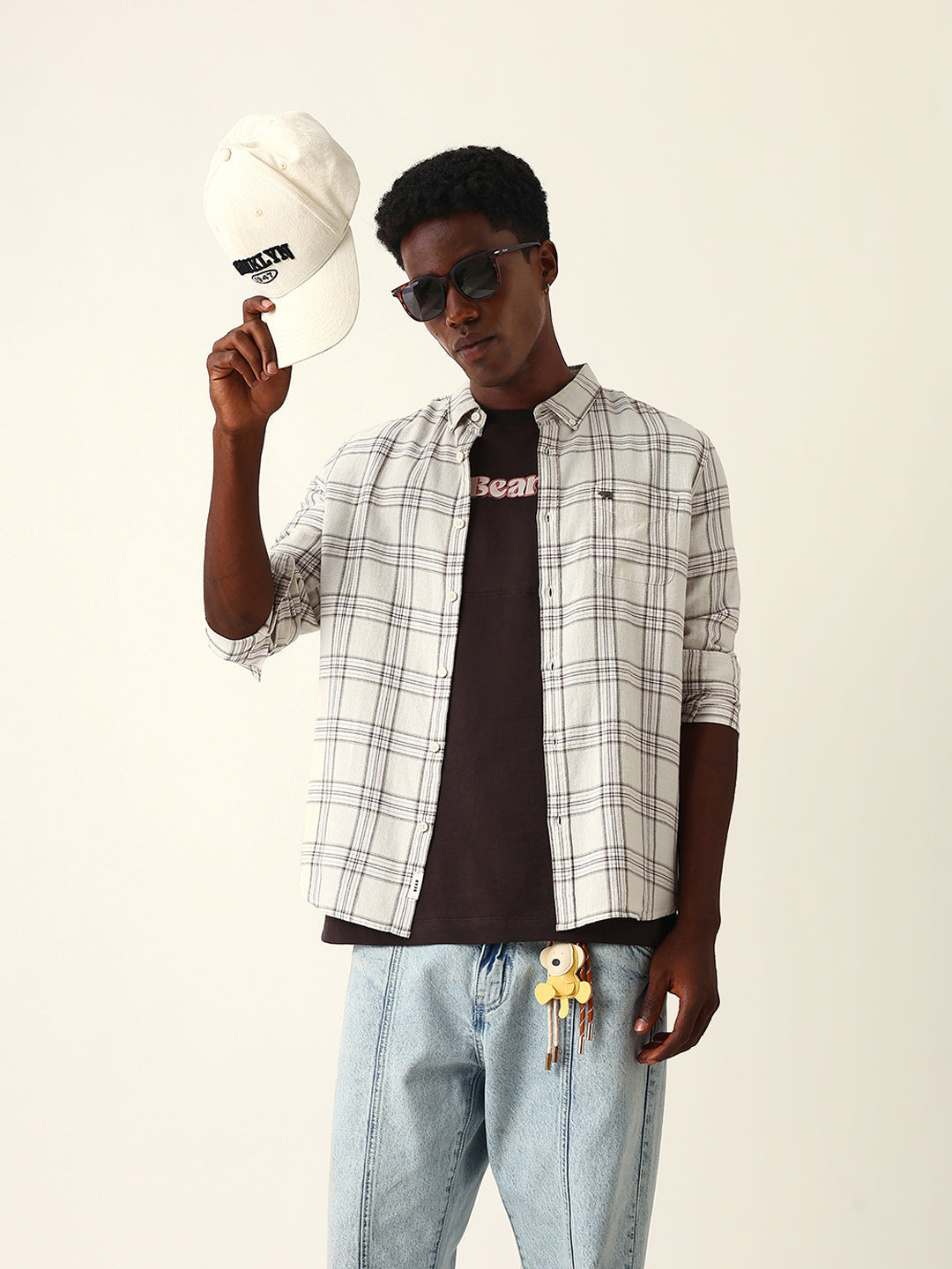 Cream & Brown Woven Checked Slim Fit Casual Shirt
