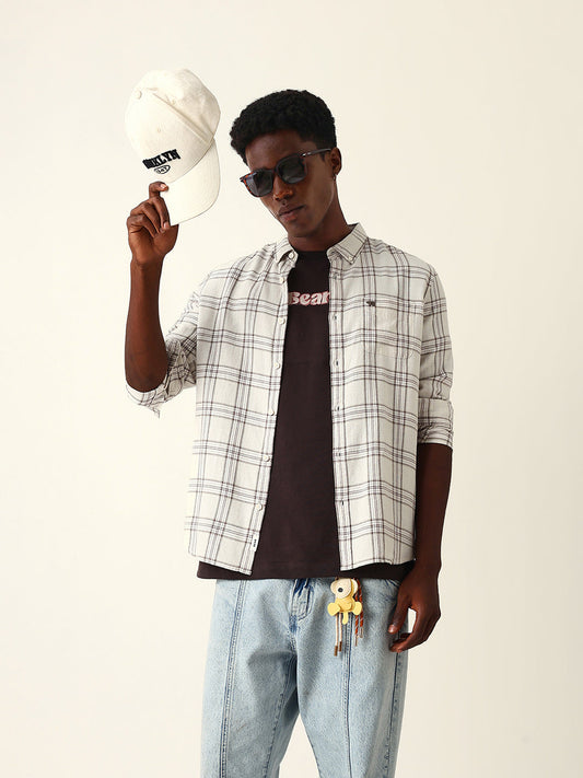 Cream & Brown Woven Checked Slim Fit Casual Shirt