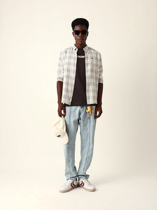 Cream & Brown Woven Checked Slim Fit Casual Shirt