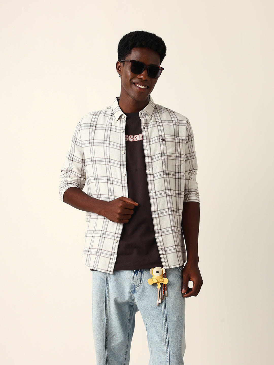 Cream & Brown Woven Checked Slim Fit Casual Shirt