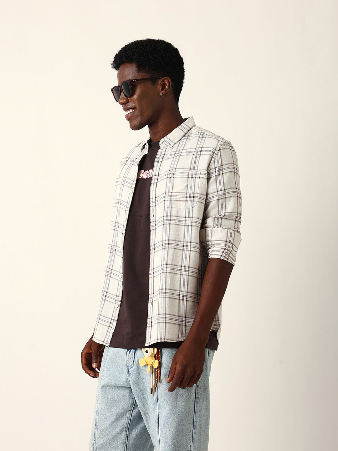 Cream & Brown Woven Checked Slim Fit Casual Shirt